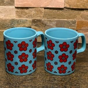 STAFFORDSHIRE | Set of 2 | Vintage Blue with Red Poppy Pattern Mugs
